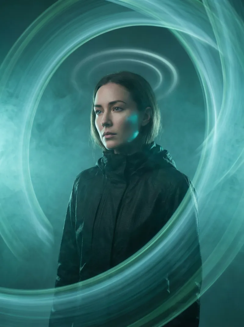 Futuristic portrait with glowing light trails