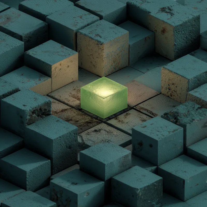 Glowing Green Cube Among Textured Blocks